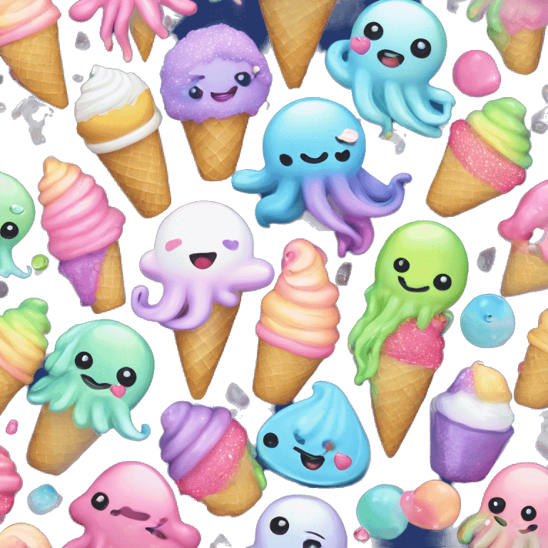 Kawaii pastel neon rainbow bedazzled sea creatures enjoying ice cream that looks like kawaii squids  emoji