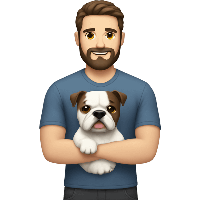 White man with dark brown hair and dark brown beard holding white bulldog  emoji