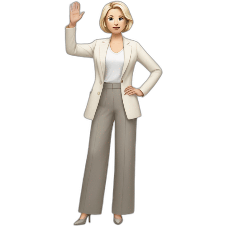 Full height Actively gesturing with hands pale skin woman with ash blonde Straightened bob Hair, White Spacious classical jacket, beige palazzo Arrow pants and gray blouse emoji