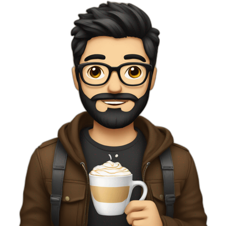 Hipster with black hair, beard and glasses drinking cappuccino   emoji