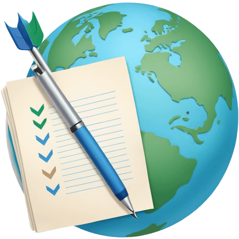 Create an emoji representing language translation. The design should feature a globe in the background, symbolizing international communication. In front of the globe, place two books or sheets of paper with texs on them and a pen nearby to indicate the act of writing. Add two simboloic arrows pointing in opposite directions between the sheets to represent the translation process. Use a clean and professional color palette with blues, greens, and neutral tones. Make the background transparent. emoji