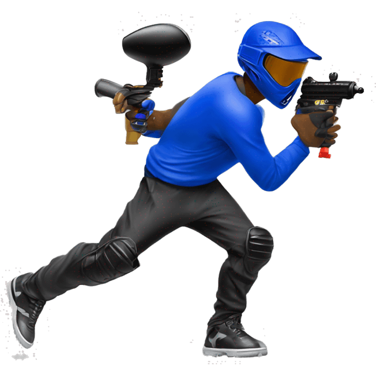 Brown skin paintball player wearing a royal blue long sleeve jersey, black pants, white shoes and running with a paintball gun in hand emoji