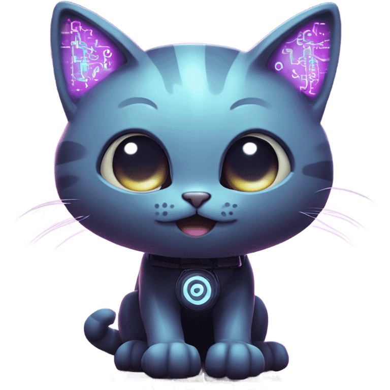 A futuristic cat with glowing circuit patterns on its fur, sitting on a keyboard with a tiny holographic display projecting from its paws. emoji