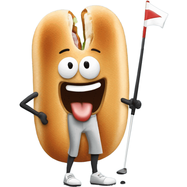 Man playing golf but the golf ball is a hot dog emoji