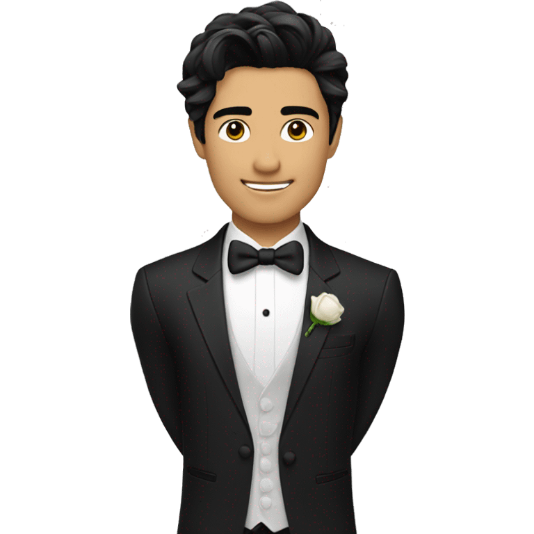 "A handsome Asian groom with messy black hair, wearing a black tuxedo." emoji