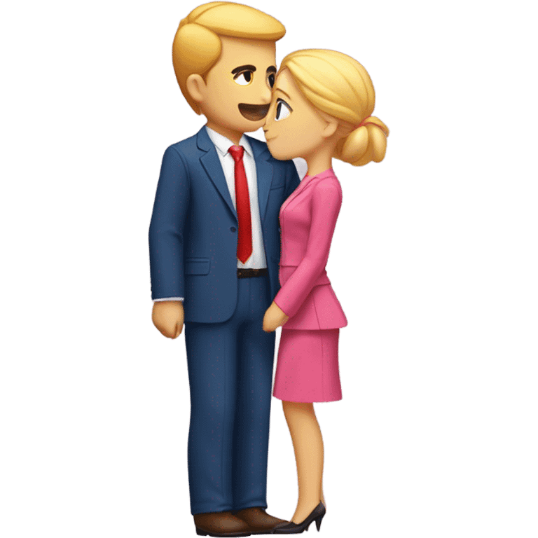 Man with orange skin blonde hair and a blue suit with red tie kissing girl with blonde hair wearing pink emoji