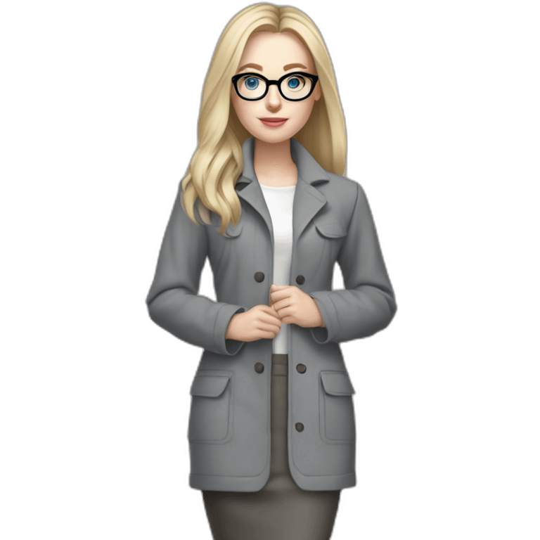 full height pale skin woman with cold blonde straight hair, care haircut, White blouse, Gray oversize jacket, Gray skirt and metal glasses holding a color palette in the hands emoji