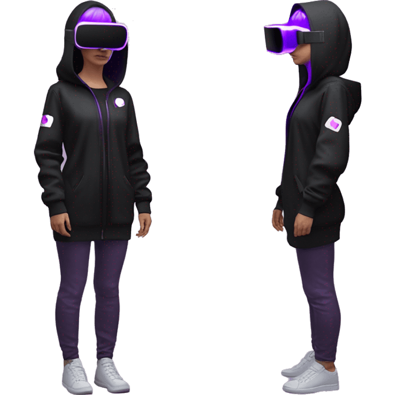 Russian girl wearing black hoody with violet letters "OMG", in vr headset oculus quest2. Standing like jedi. Cyberpunk style. Violet neon. emoji