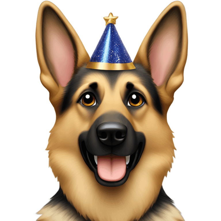 Blonde and brown German shepherd holding a sign that says “Happy New Year” emoji