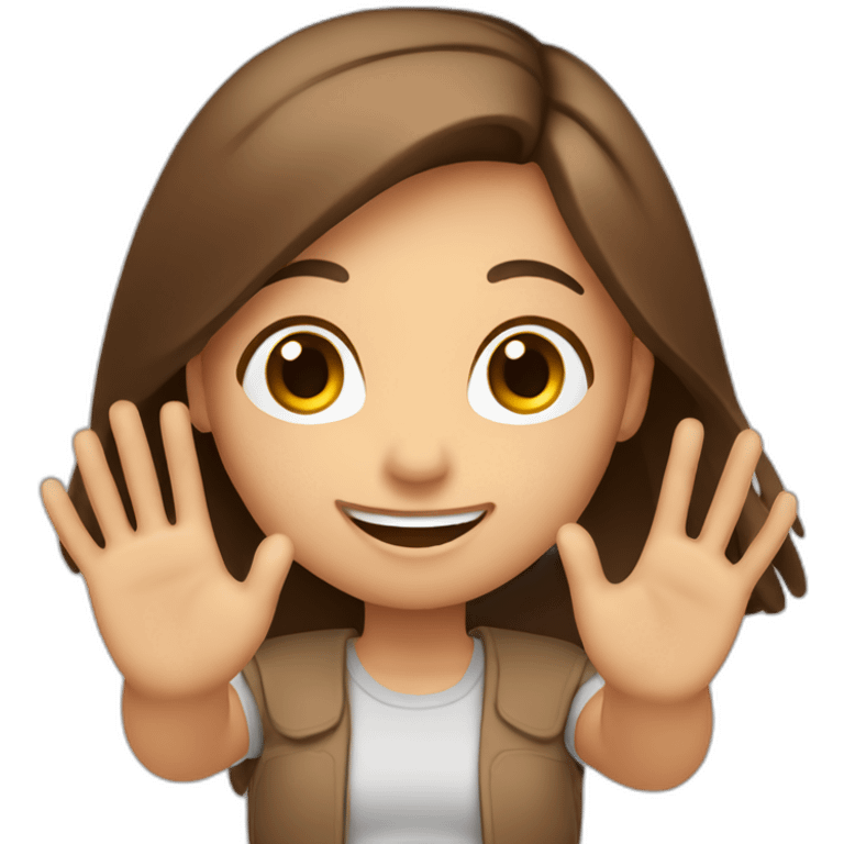 Girl with brown, long and straight hair smiling kindly and waving with the left hand emoji