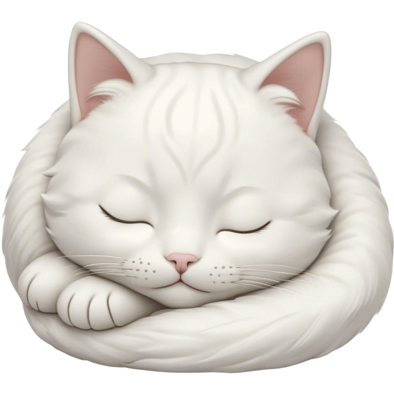 Meme-Worthy Cute Sleeping White Cat Portrait Emoji, Head peacefully tilted with a tender, contented smile and eyes gently closed in serene slumber, featuring a pristine white fur with subtle, delicate silver accents, simplified yet irresistibly adorable, highly detailed, glowing with a soft, drowsy radiance, high shine, exuding calm, heartwarming charm, styled with a gentle, soft glowing outline, capturing the essence of a sleeping white cat that seems destined to become the next viral icon of adorable repose! emoji