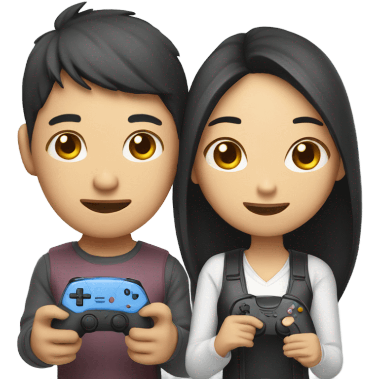 Cute asian couple playing video games emoji