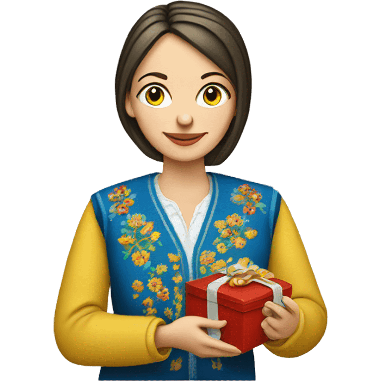 A female teacher in Ukrainian embroidery holds a gift in her hand emoji