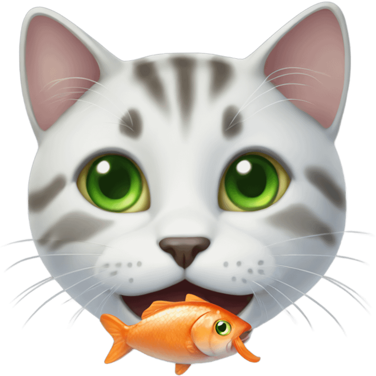 Cat green eyes eating fish emoji