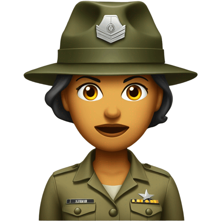 a female drill sergeant character wearing a classic sergeant hat and a camouflage army shirt. The character should have an angry intense expression. full torso emoji