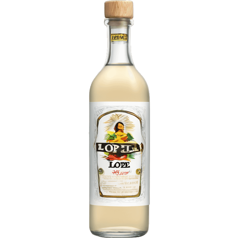 A tequila blanco classic transparent long cylindrical bottle with the text "Lopez" on the middle of the label. Only the cap is made of light wood emoji