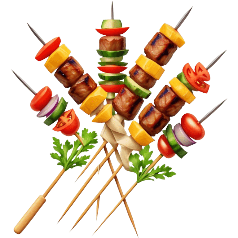 Cinematic Realistic Shish Kebab Dish Emoji, showcasing skewered, grilled meat with vibrant vegetables rendered with dynamic textures and warm, inviting lighting. emoji