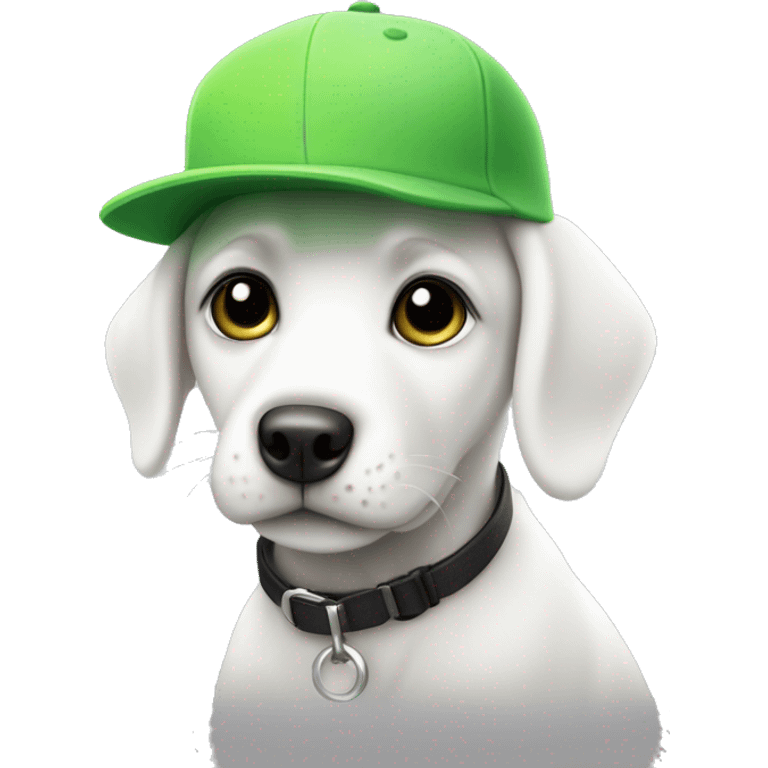 White puppy with one black ear and an engra spot on his left eye, wearing a lime green cap emoji