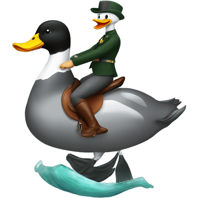 Duck riding on top of dolphin on saddle emoji