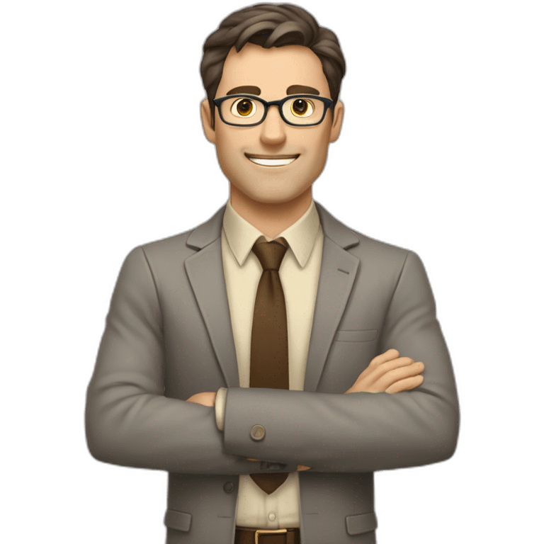 To belt Actively gesturing with hands Pale skinned fit man teacher with dark brown hair in gray jacket, beige office shirt, brown tie, brown pants and vintage glasses. emoji