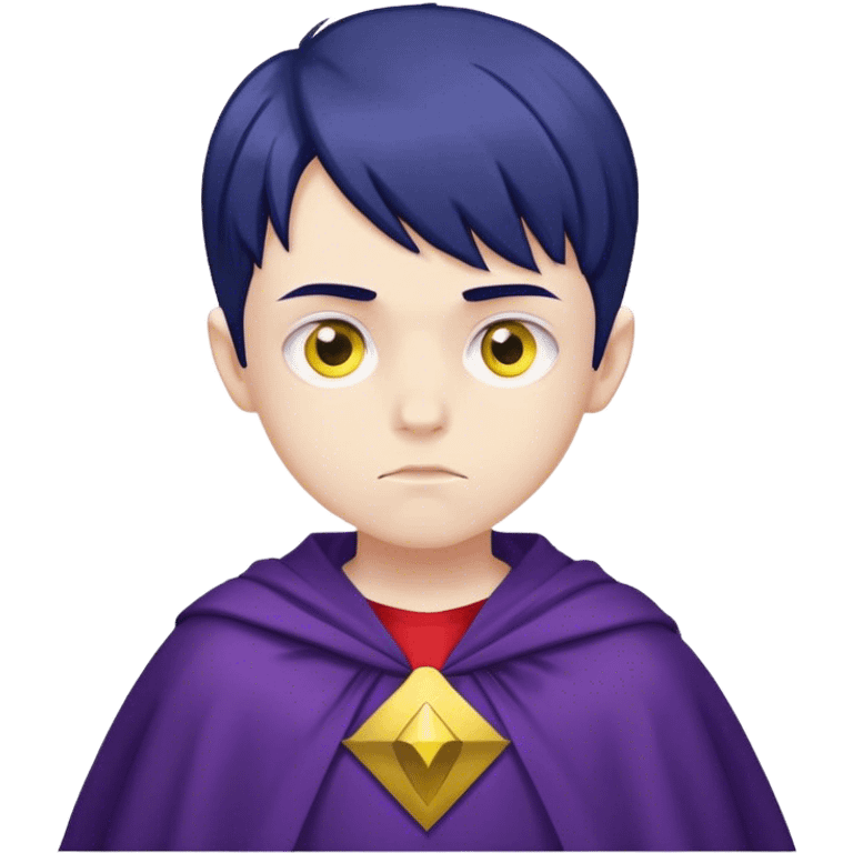 pale boy (13 years old) with a gloomy face. navy blue hair and yellow eyes. wearing a purple cape, red blouse and navy blue pants emoji