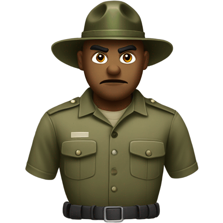 drill sergeant character wearing a classic sergeant hat and a camouflage army shirt. The character should have an angry intense expression. full torso emoji