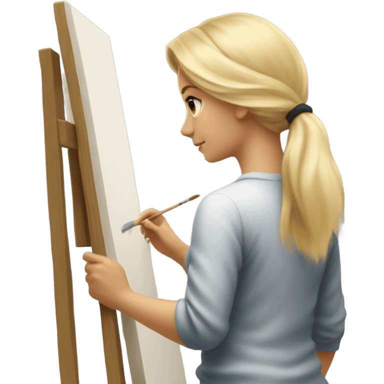 The back of a blonde girl painting a canvas, with a pretty and clean vibe.  emoji