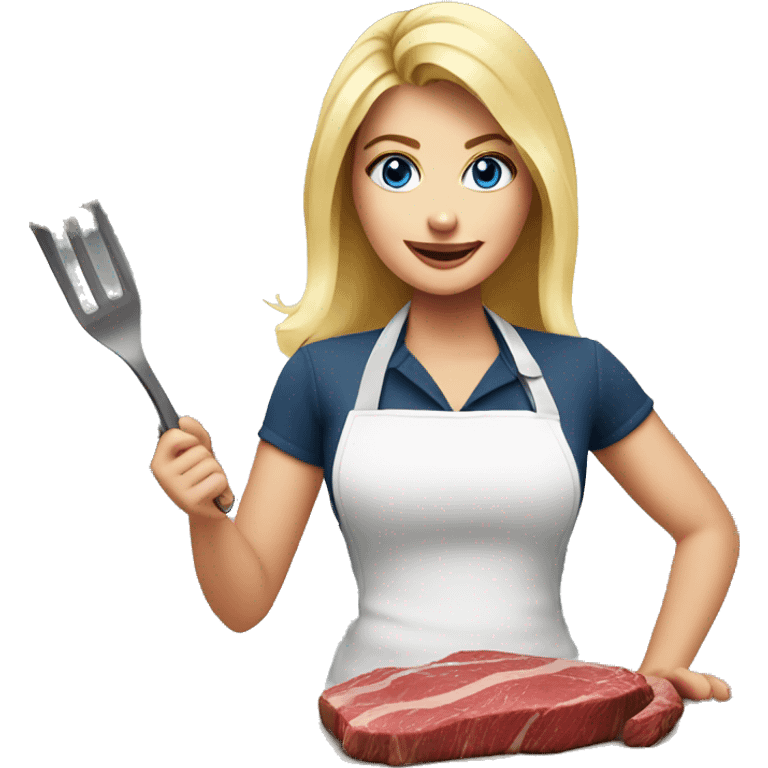 Beautiful blonde blue eyed woman cooking steak emoji