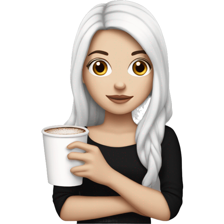 white girl with black long hair and a hot chocolate emoji