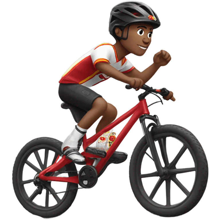 Fair skinned boy in Kansas city chiefs fan clothes riding black mountain bike emoji