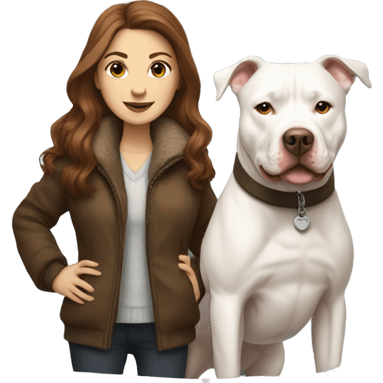 white woman with long brown hair in a furry jacket standing alongside a white pitbull emoji