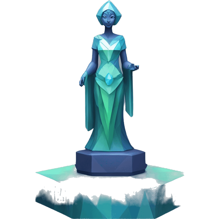 Sculpture oracle priestess with a geometric faceted design with disney features. Oracle of delphi is sparkling and standing upright on a base with angular and flower features. The vibrant blues neutrals and greens highlights the sharp edges and planes.  emoji