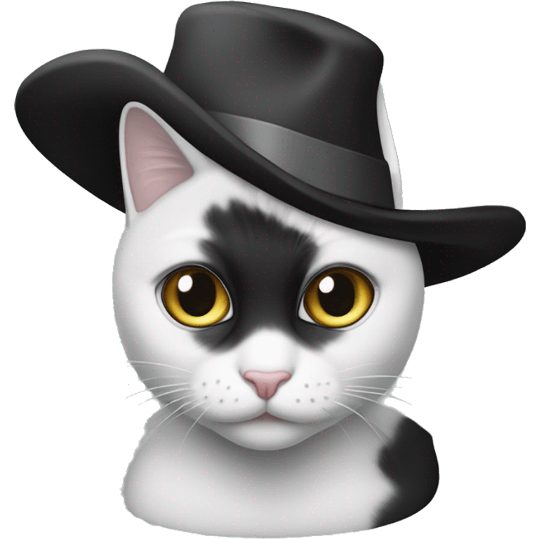 Crear un gato de color blanco y negro y en su cabeza que lleve puesto un sombrero negro de mago de los que hacen magia ￼ emoji