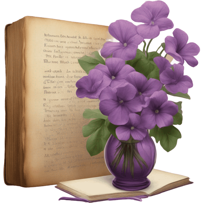 An aesthetic arrangement of a violet vintage book and pink flowers in a glass vase, surrounded by antique letters emoji