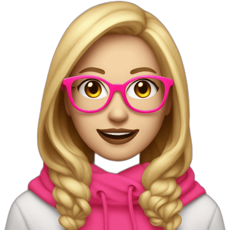 Joyful white woman with a fluorescent pink hood and playful, passionate about programming and art, blond hair red lip round and black eyeglasse emoji