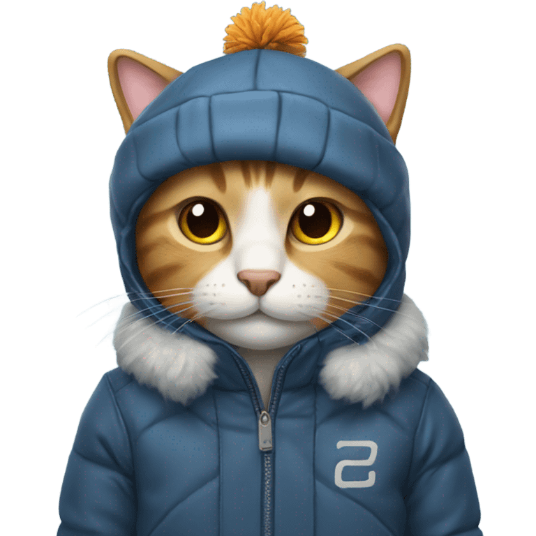 Cat wearing a cold weather jacket, and a cold weather cap emoji