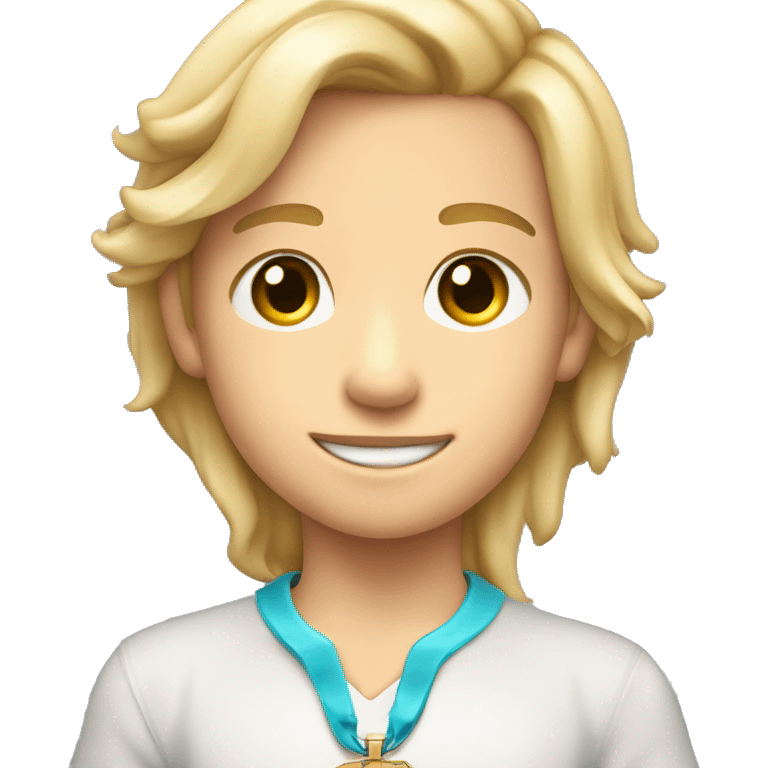 Full torso shot of Blonde hair brown eyes 4th grade boy wearing cross necklace holding dolphin emoji