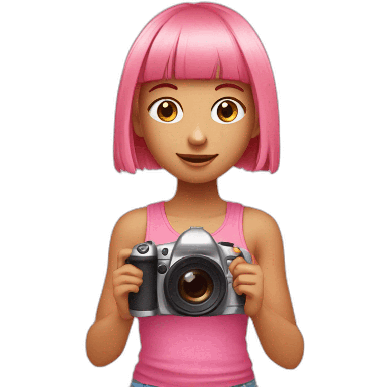 cute girl with long, straight rose hair with bangs and holding camera and wearing pink tank top emoji