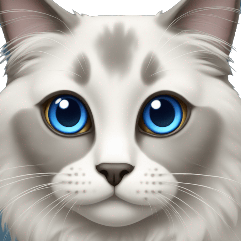 ragdoll cat, grey face, grey mouth, blue eyes, emoji