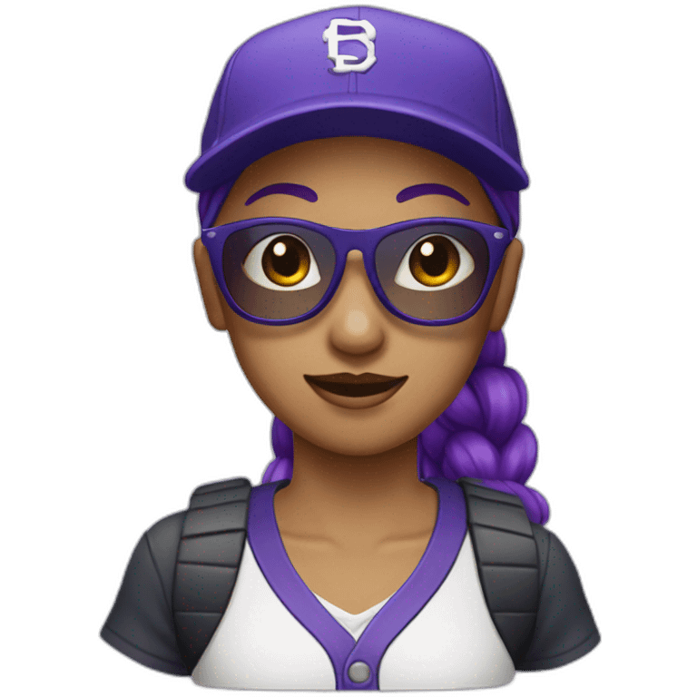 girl with purple ponytail, indigo baseball hat and sunglasses emoji