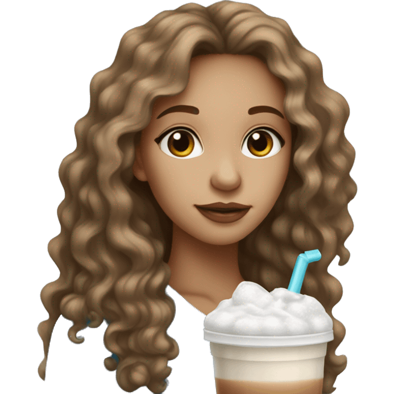 Light skin girl with brown wavy hair and blue eyes drinking ice latte  emoji