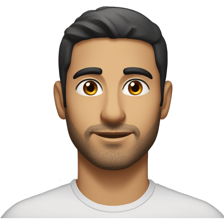 A head and shoulders shot of a 33 year old Middle Eastern man, with short black hair, with stubble facial hair,   with brown eyes wearing a t-shirt. emoji