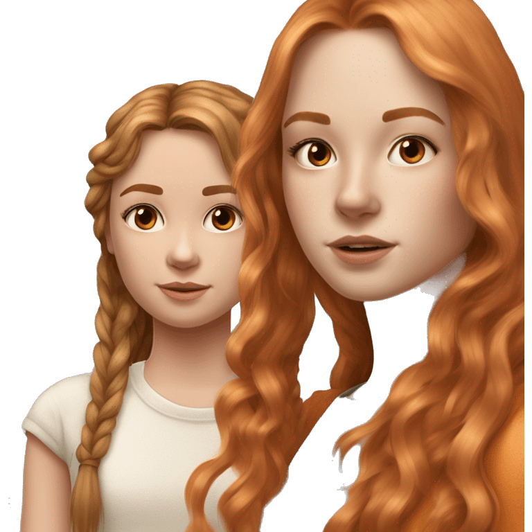 serene two girls. one has tan skin wavy brunette hair and the other has pale skin natural soft orange hair delicate fringe. standing together in gentle light. calm and content. hyper-realistic soft textures fine details glow on skin emoji