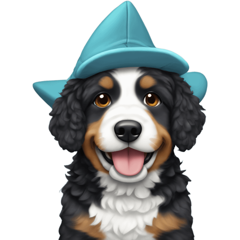 Mini bernedoodle wearing a shark hat emoji