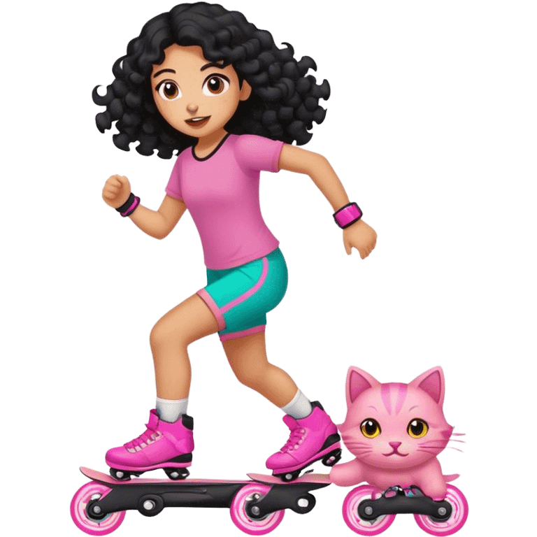 A Mexican girl with curly black long hair running from a pink cat on rollerblades emoji