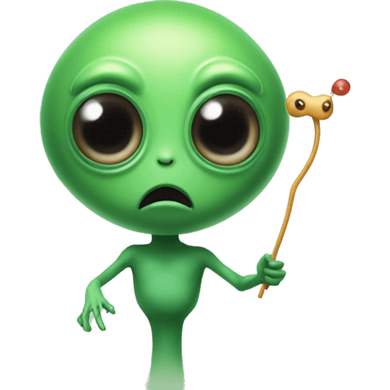 Big eyes, black eyes, a small circular nose, a lollipop-shaped antennae on his head, and a mouthless, cute, green, doll-like alien emoji