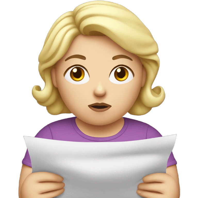 overweight blondie woman with doubts reading a paper in their hands emoji