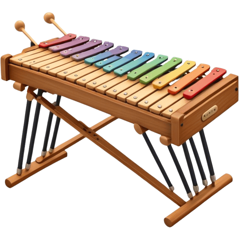 Create a vibrant and detailed emoji representing a large professional wood xylophone. The design should feature the sleek wooden keys of the xylophone, arranged neatly on the frame, with metal bars clearly visible. Add the mallets placed beside the instrument or in motion, highlighting their soft rubber heads. Use warm, natural wood tones for the keys, with subtle metallic accents to reflect the professional quality of the instrument. Add small musical notes or soundwaves around the xylophone to evoke its bright, percussive sound. The background should be transparent. emoji