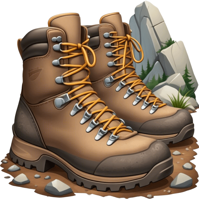 Cinematic Realistic Hiking Boots, well-worn leather boots resting on a rocky trail, scuffed edges and dirt-speckled laces adding character, glowing softly under the dappled sunlight filtering through the trees. emoji