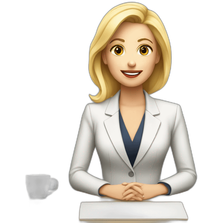 Blonde white woman wearing a suit sitting on the table telling the news towards the camera emoji